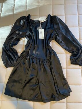 LoveShackFancy Garcia Black Satin Long-Sleeve Mini Dress